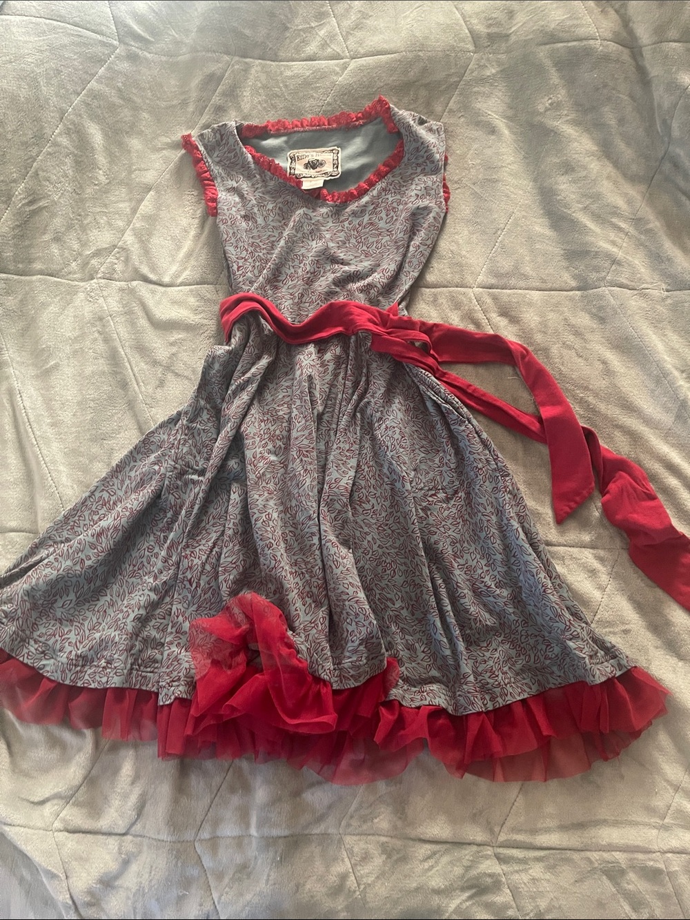 Effie's Heart Blue Floral Dress with Red Lace Trim
